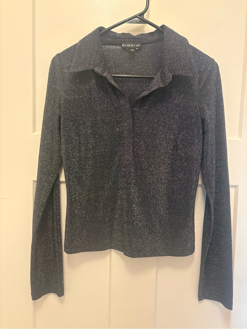 VTG Bebe Womens M Black and Silver Glitter Collared V-Neck Y2K